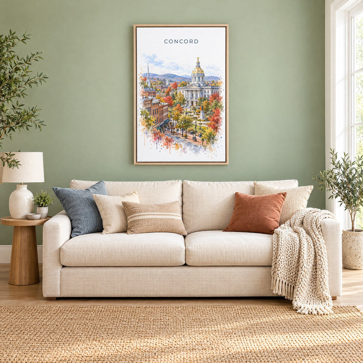 Concord, New Hampshire watercolor print as a natural floater canvas above a cream linen sofa on a sage green wall