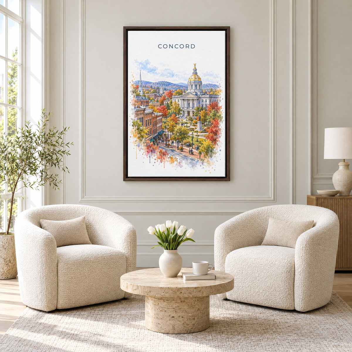 Concord, New Hampshire watercolor print as an espresso floater canvas above two boucle armchairs in a hotel lounge