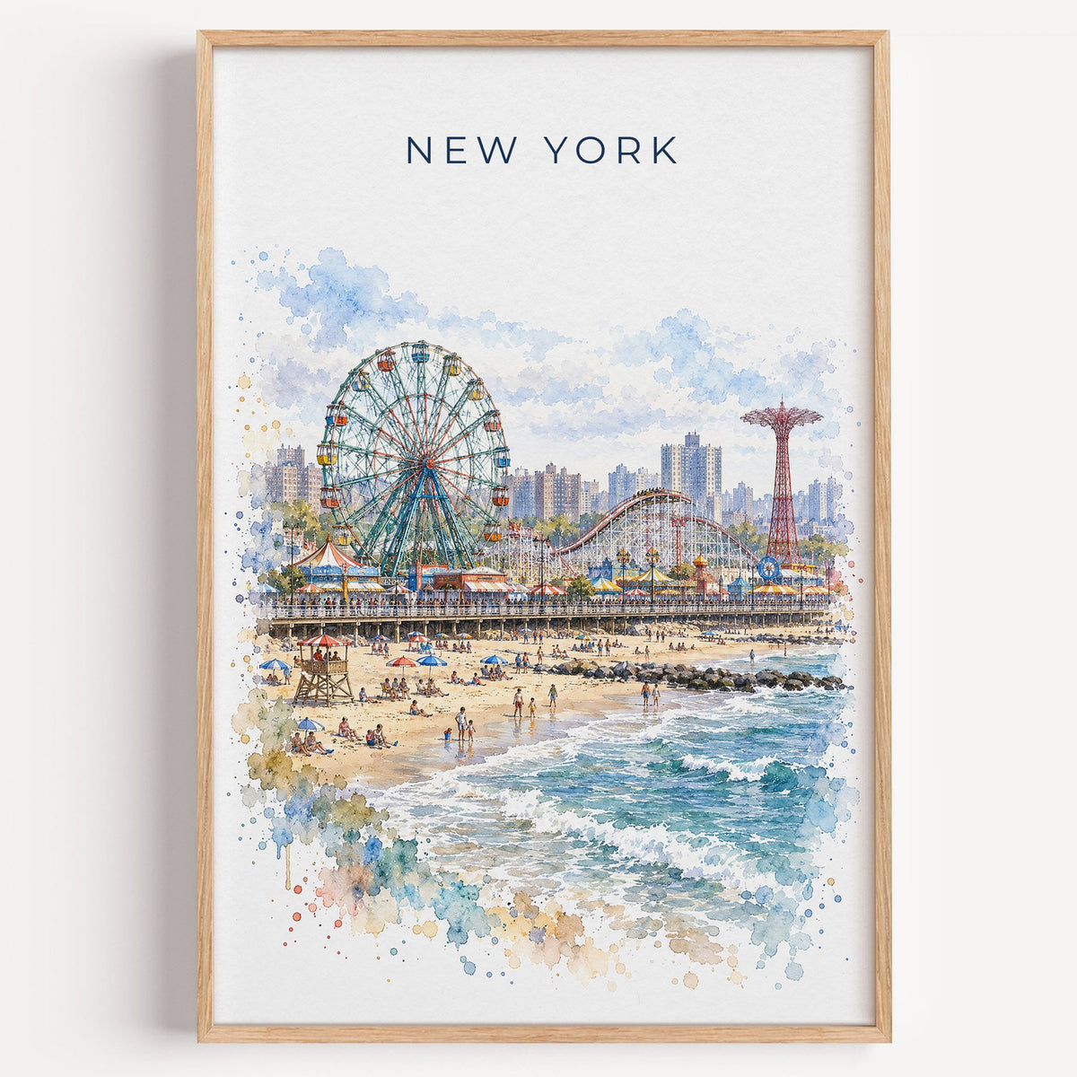Coney Island watercolor print in a light oak frame on a plain white wall
