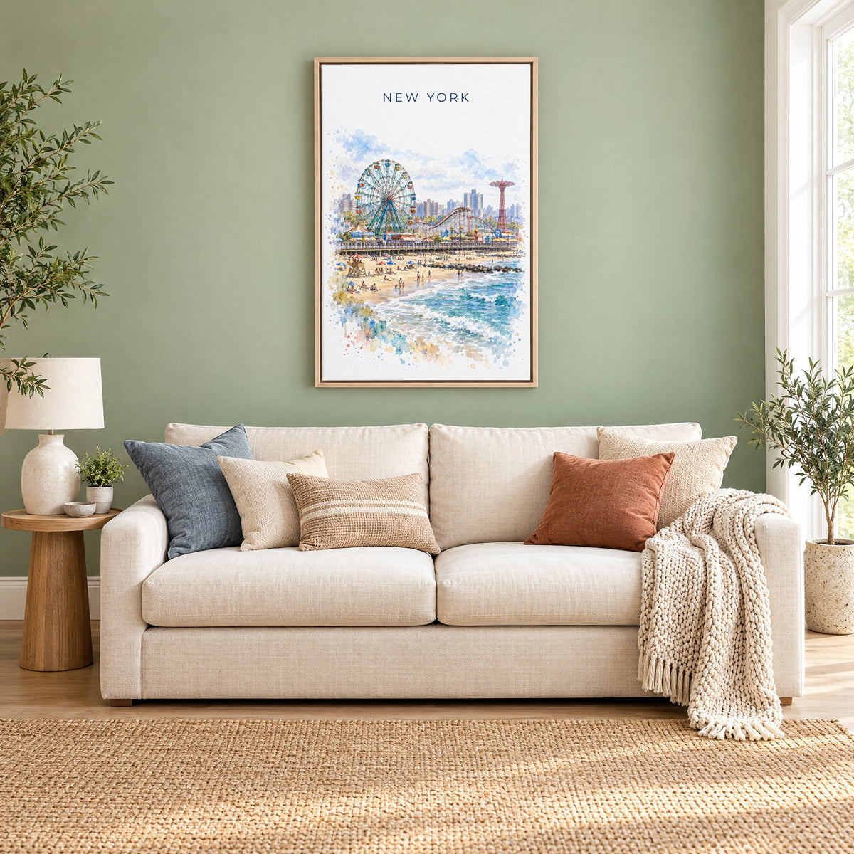 Coney Island watercolor print as a natural floater canvas above a cream linen sofa on a sage green wall