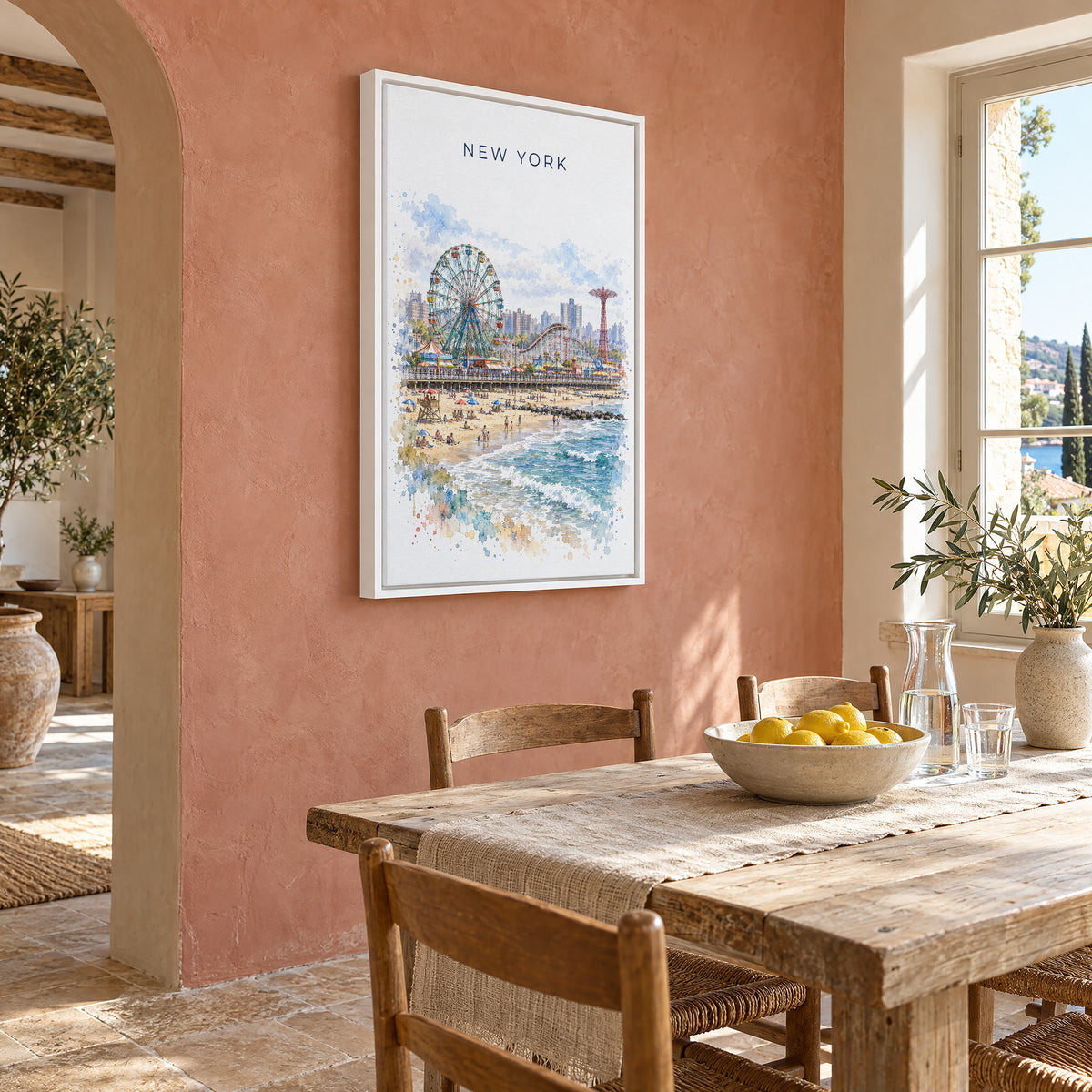 Coney Island watercolor print as a white floater canvas on a terracotta wall above a rustic dining table