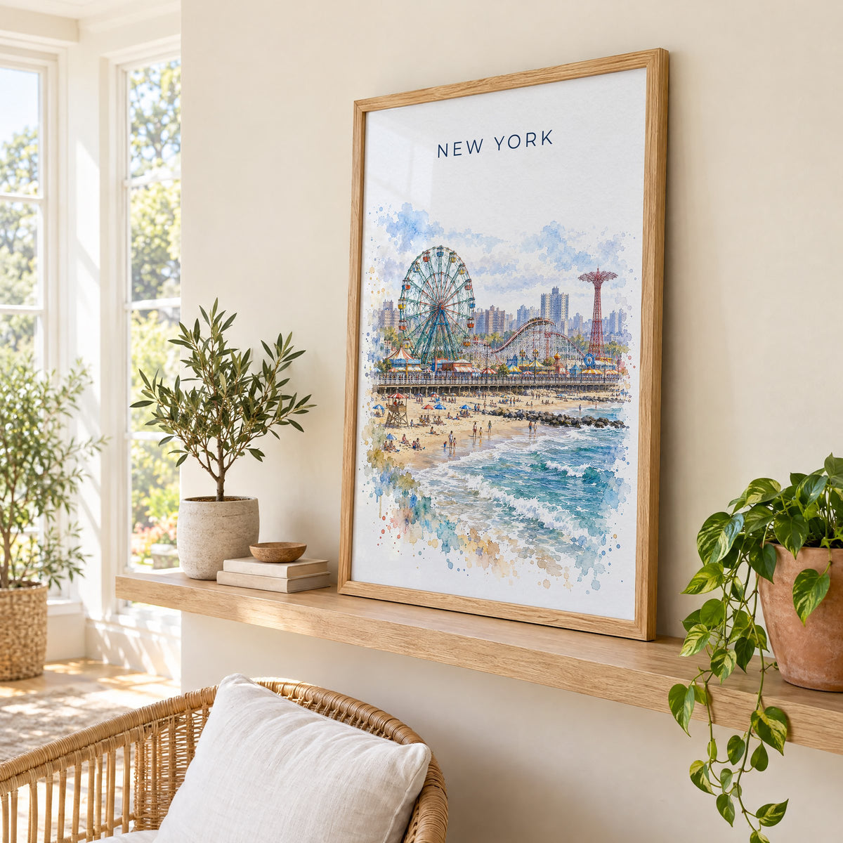 Coney Island watercolor print in an oak frame on a picture ledge in a sunlit sunroom