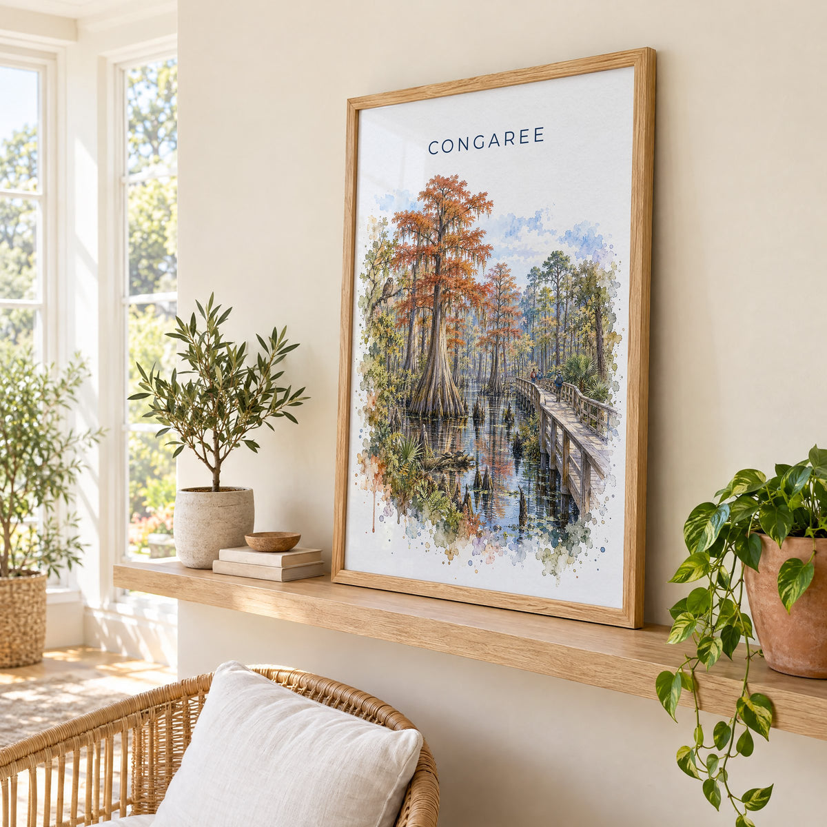 Congaree National Park watercolor print in an oak frame on a picture ledge in a sunlit sunroom