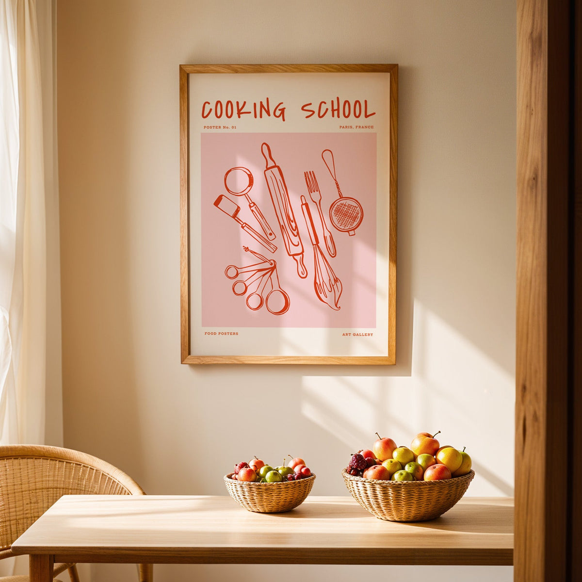 Cooking School utensils print in an oak frame above a dining table with rattan chairs