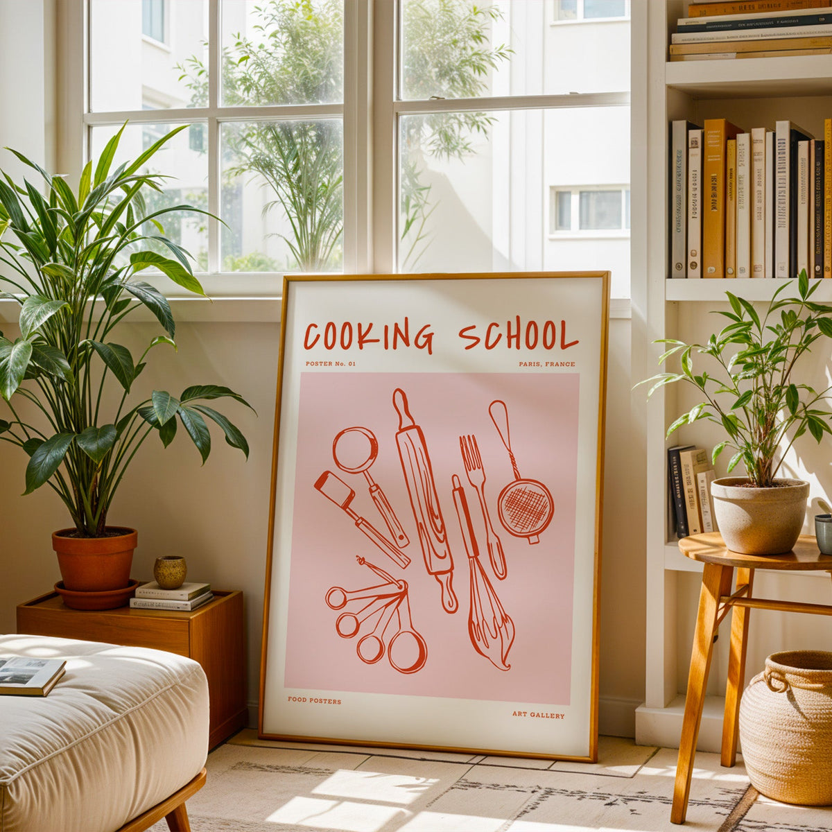 Cooking School utensils print in a brass frame resting on a berber rug