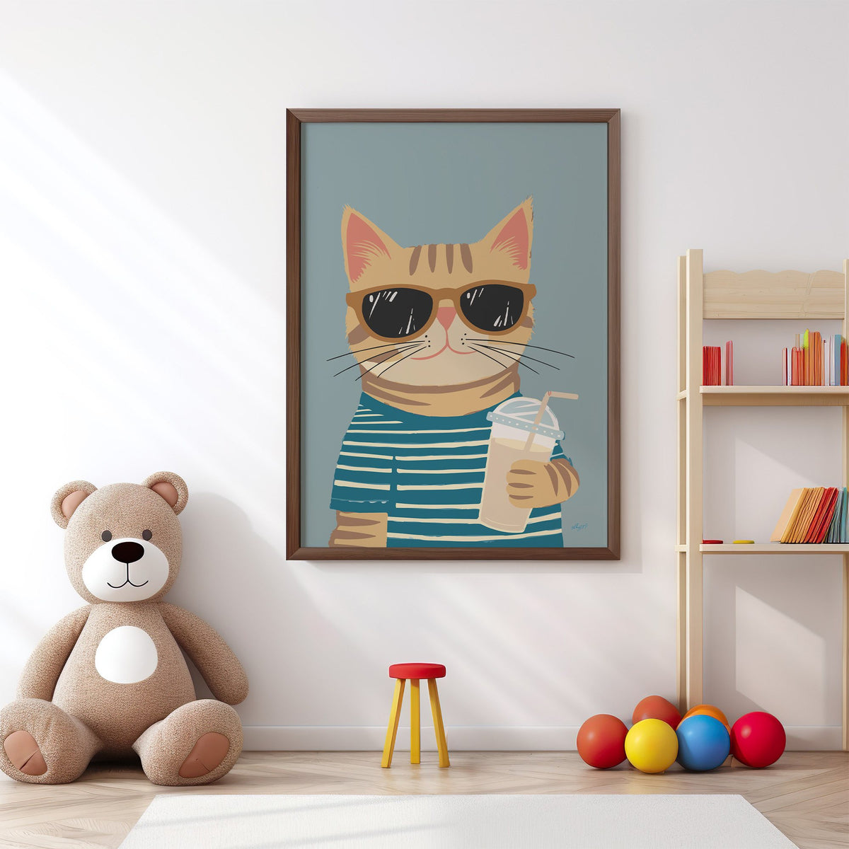 Orange tabby cat with iced drink nursery print in a walnut frame above a big teddy bear by a bookshelf