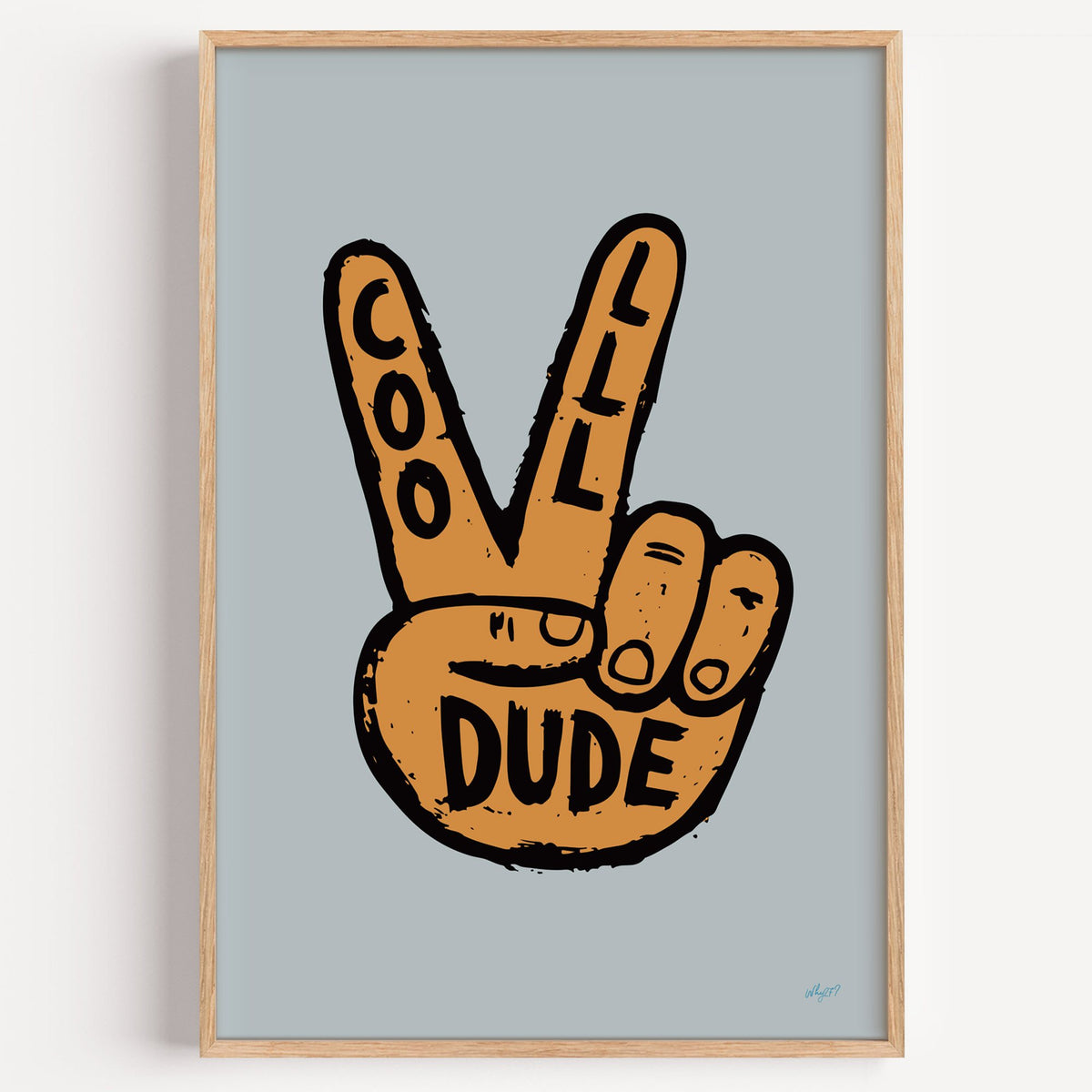 Cool dude peace sign hand nursery print in a light oak frame on a plain white wall