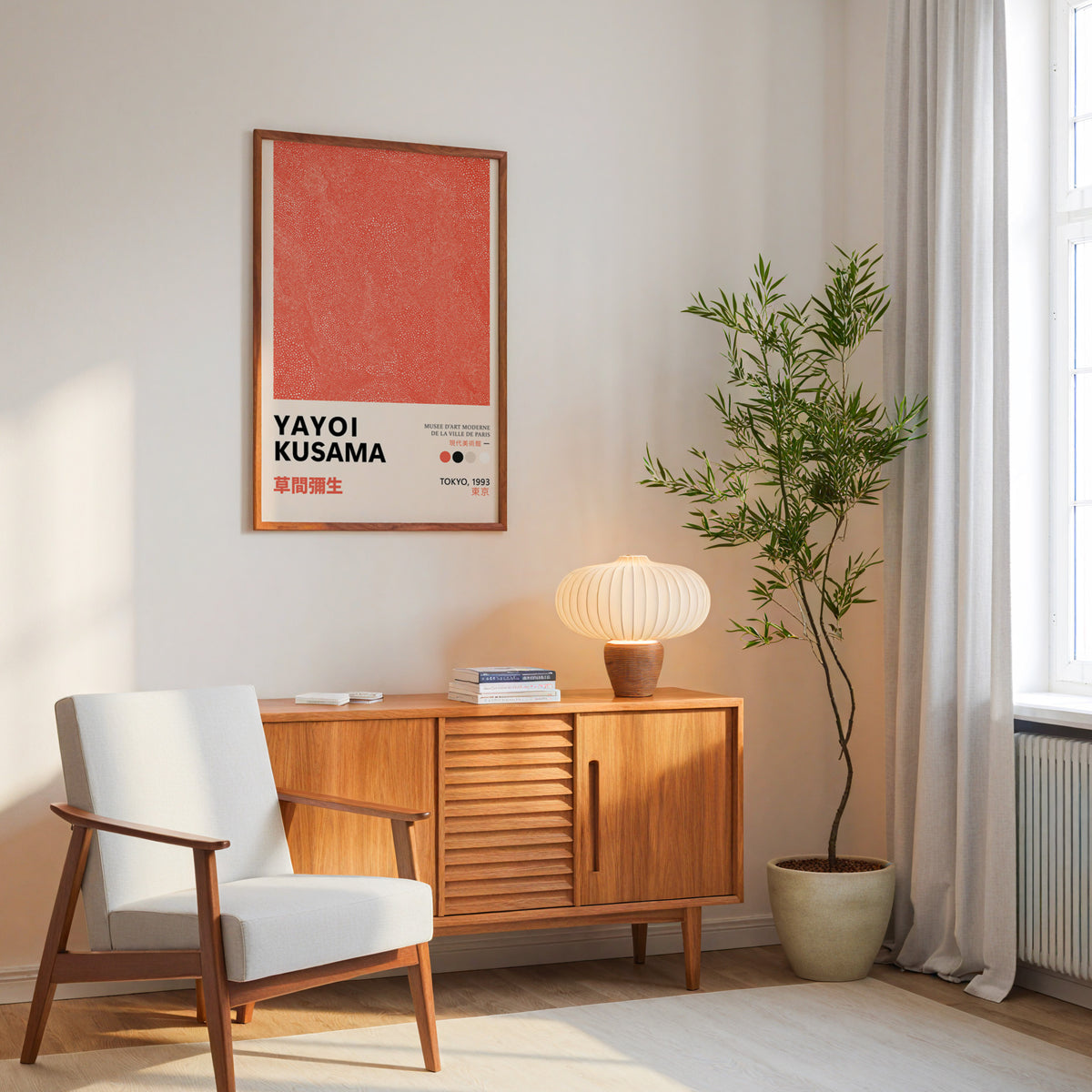Yayoi Kusama inspired coral dotted texture print above a mid-century sideboard