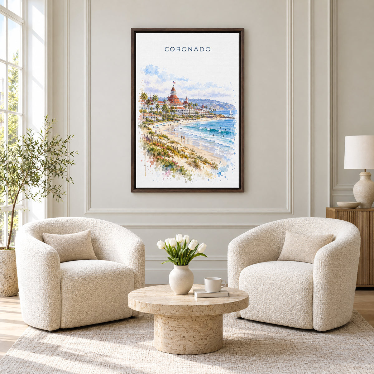 Coronado watercolor print as an espresso floater canvas above two boucle armchairs in a hotel lounge