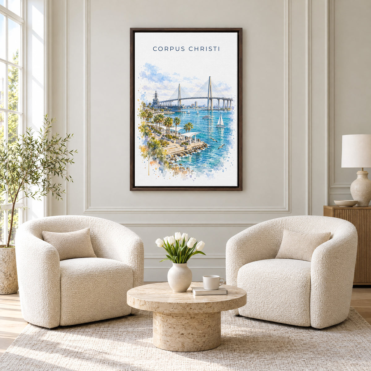 Corpus Christi watercolor print as an espresso floater canvas above two boucle armchairs in a hotel lounge