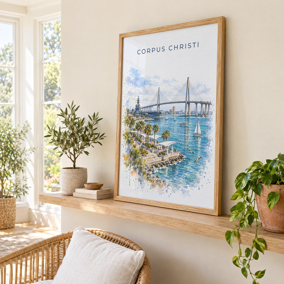 Corpus Christi watercolor print in an oak frame on a picture ledge in a sunlit sunroom