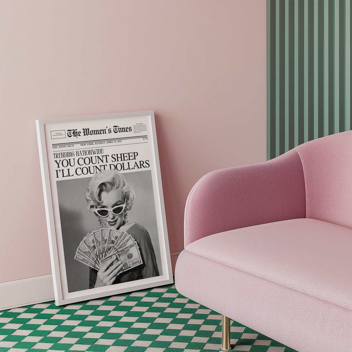 Woman fanning dollar bills mock front page print in a white frame beside a pink armchair on a checkered floor