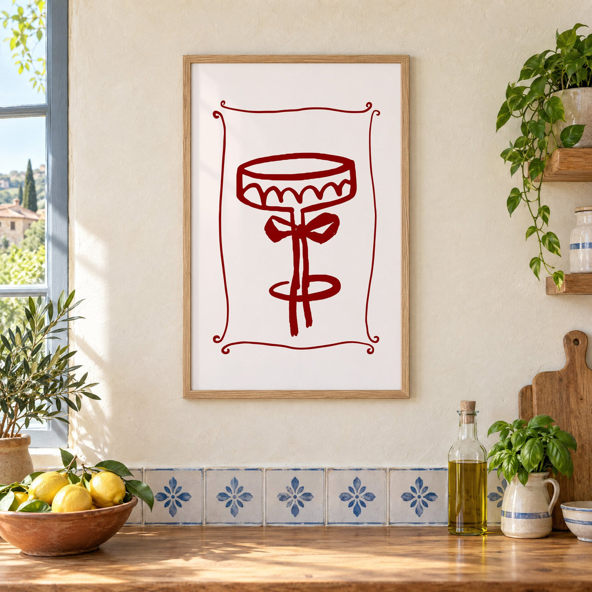 burgundy brush coupe glass with bow print in an oak frame on a cream plaster wall above a worktop with a bowl of lemons and blue-and-white tiles