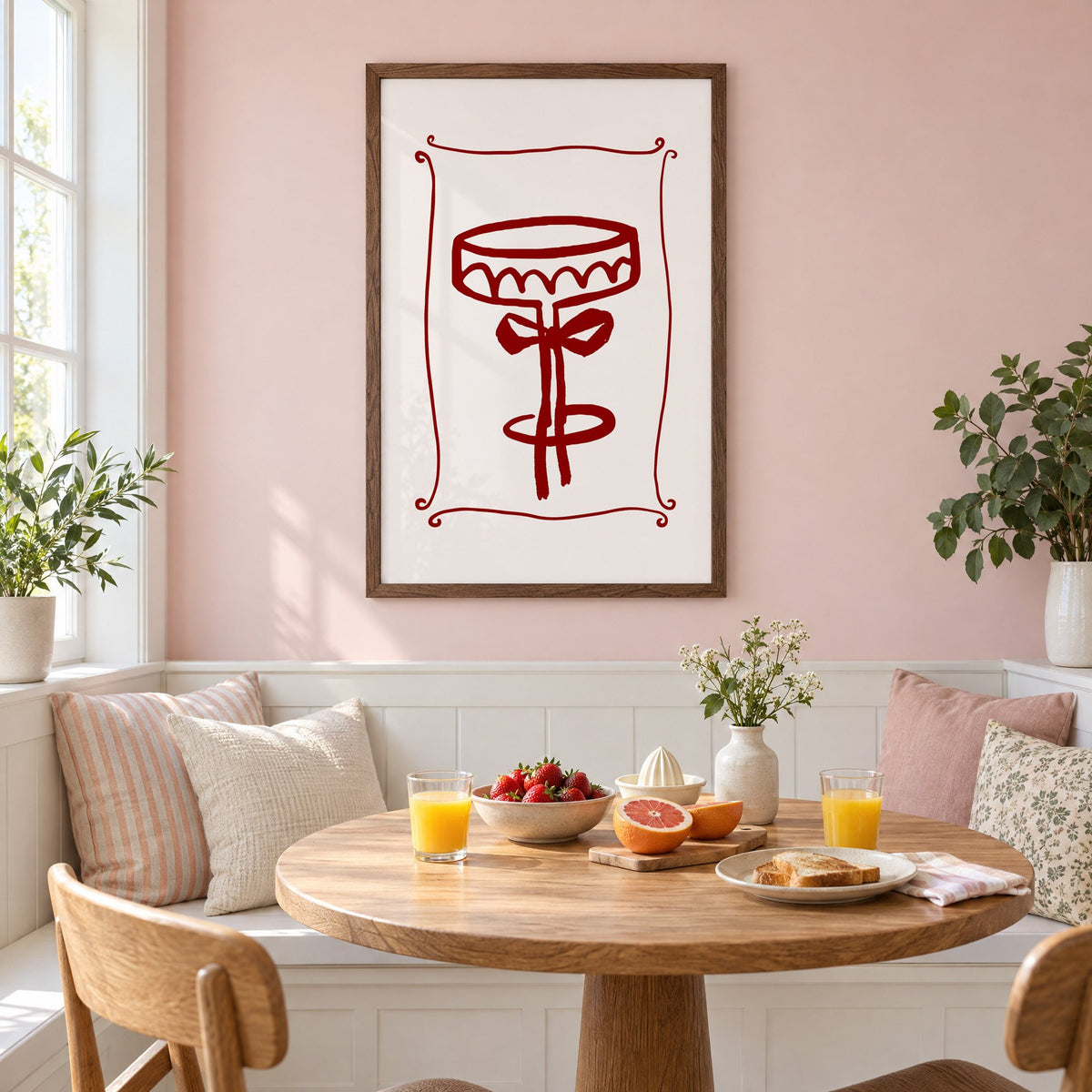 burgundy brush coupe glass with bow print in a walnut frame on a pastel pink wall above a breakfast nook with strawberries and orange juice