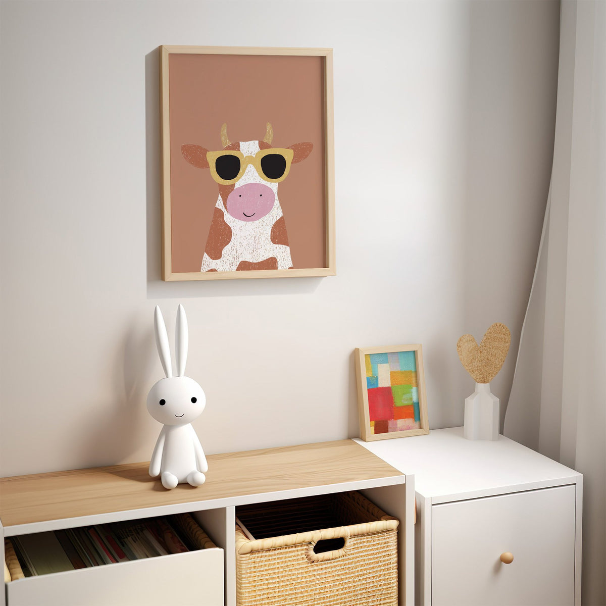 Cow in yellow sunglasses nursery print in an oak frame above a kids cubby shelf with a woven basket and bunny lamp