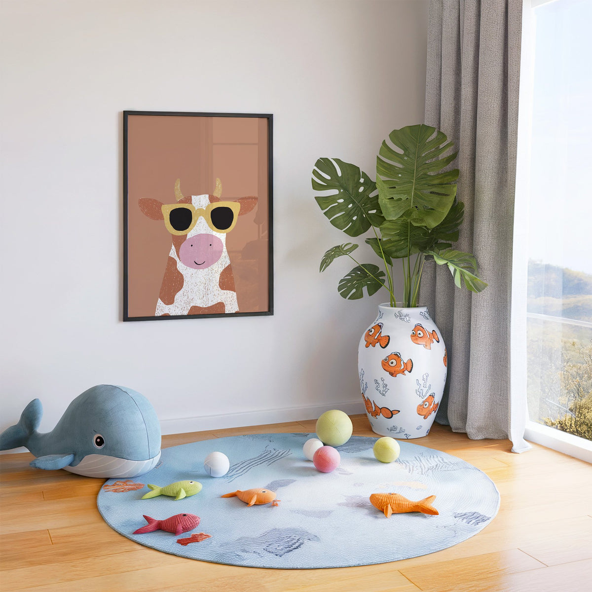 Cow in yellow sunglasses nursery print in a black frame in a playroom with an ocean rug and whale plush