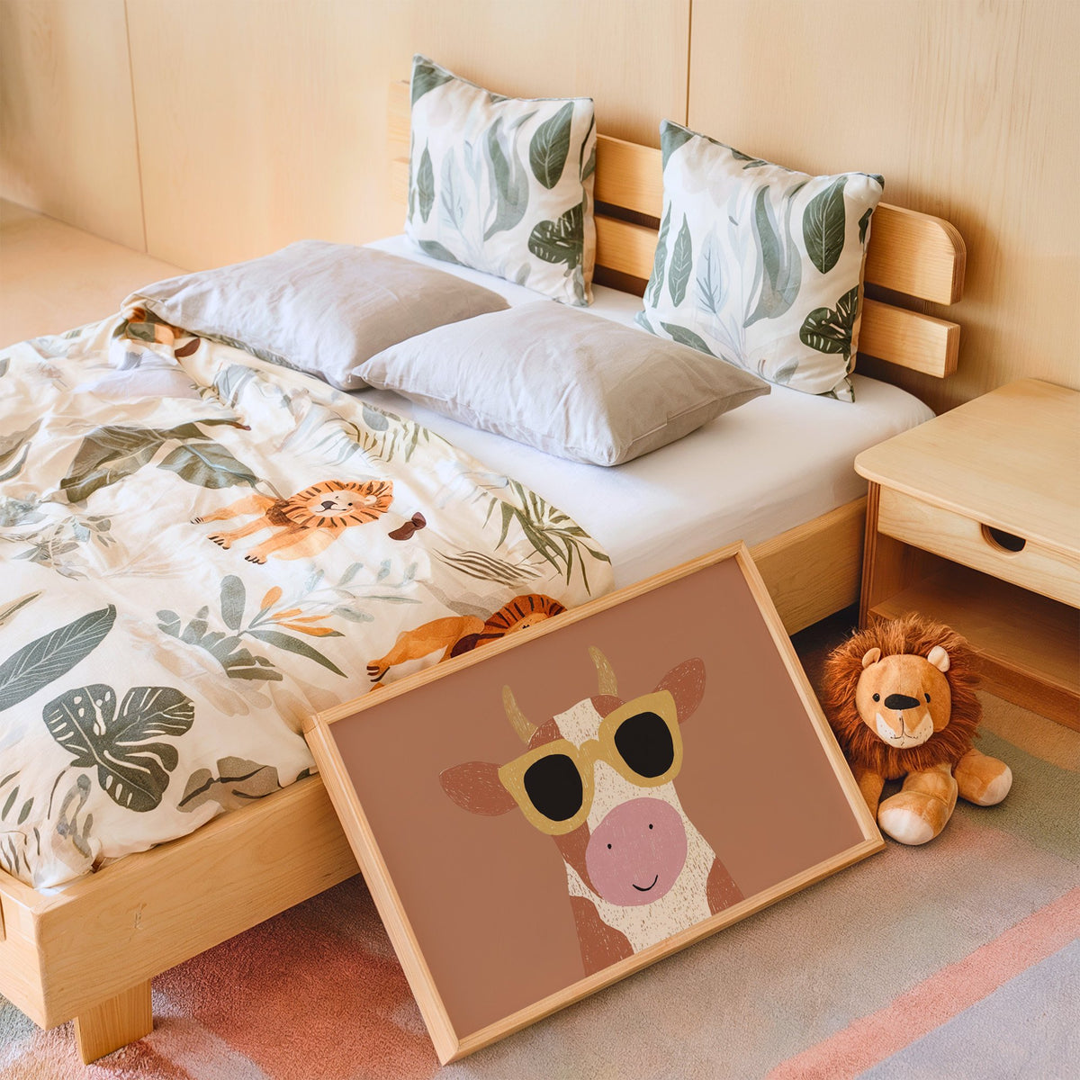 Landscape cow in yellow sunglasses nursery print in an oak frame leaning on a kids bed by a lion plush