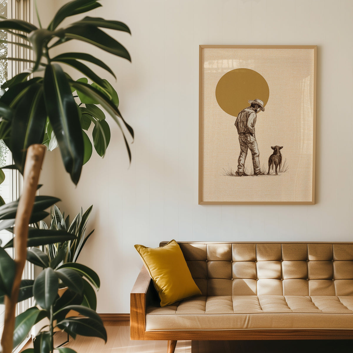 Cowboy and dog western print in an oak frame above a tan leather sofa