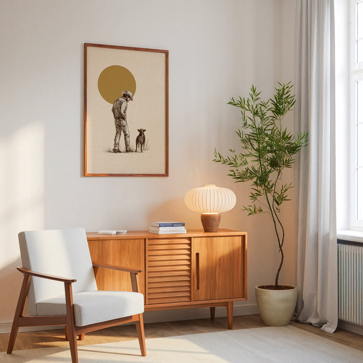 Cowboy and dog print in an oak frame above a mid-century sideboard