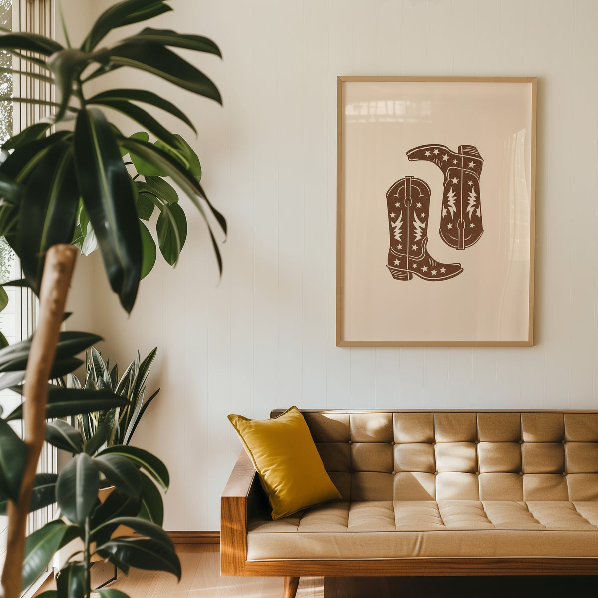 Cowboy boots western print in an oak frame above a tan leather sofa