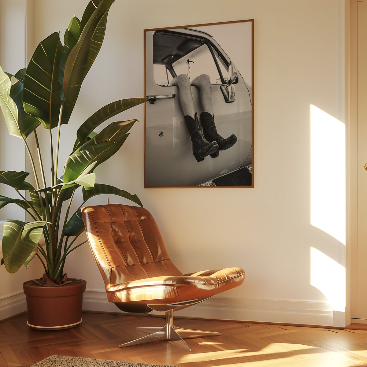 Cowboy boots dangling from a truck window print in a walnut frame above a leather lounge chair