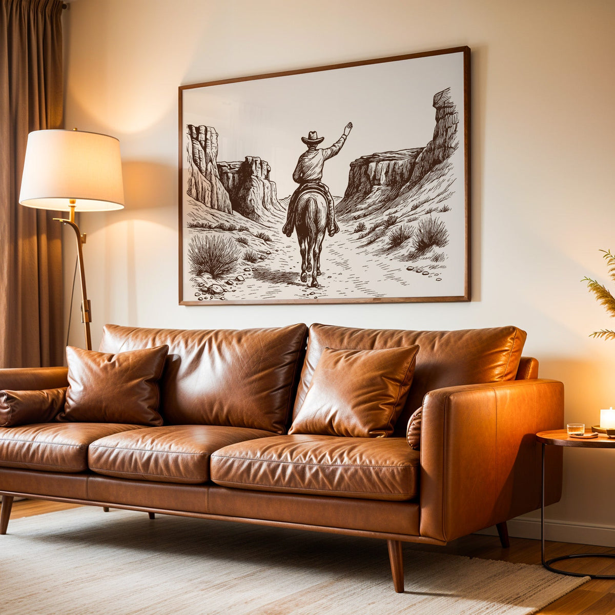 Cowboy canyon trail print in a walnut frame above a leather sofa by lamplight