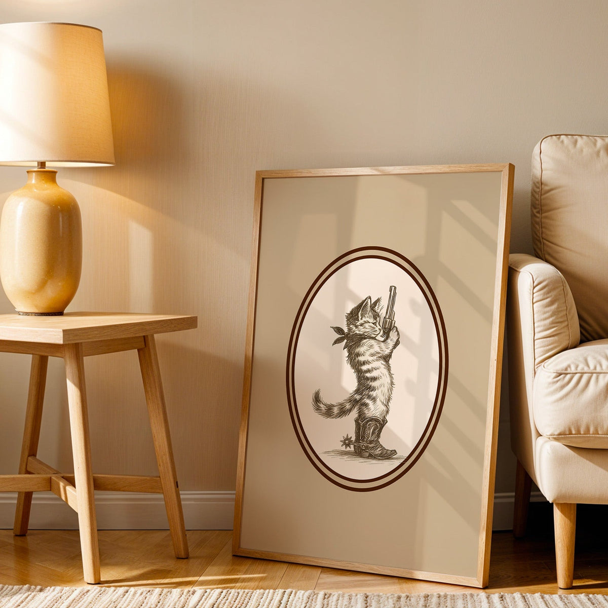 Cowboy cat print in an oak frame beside an amber ceramic lamp