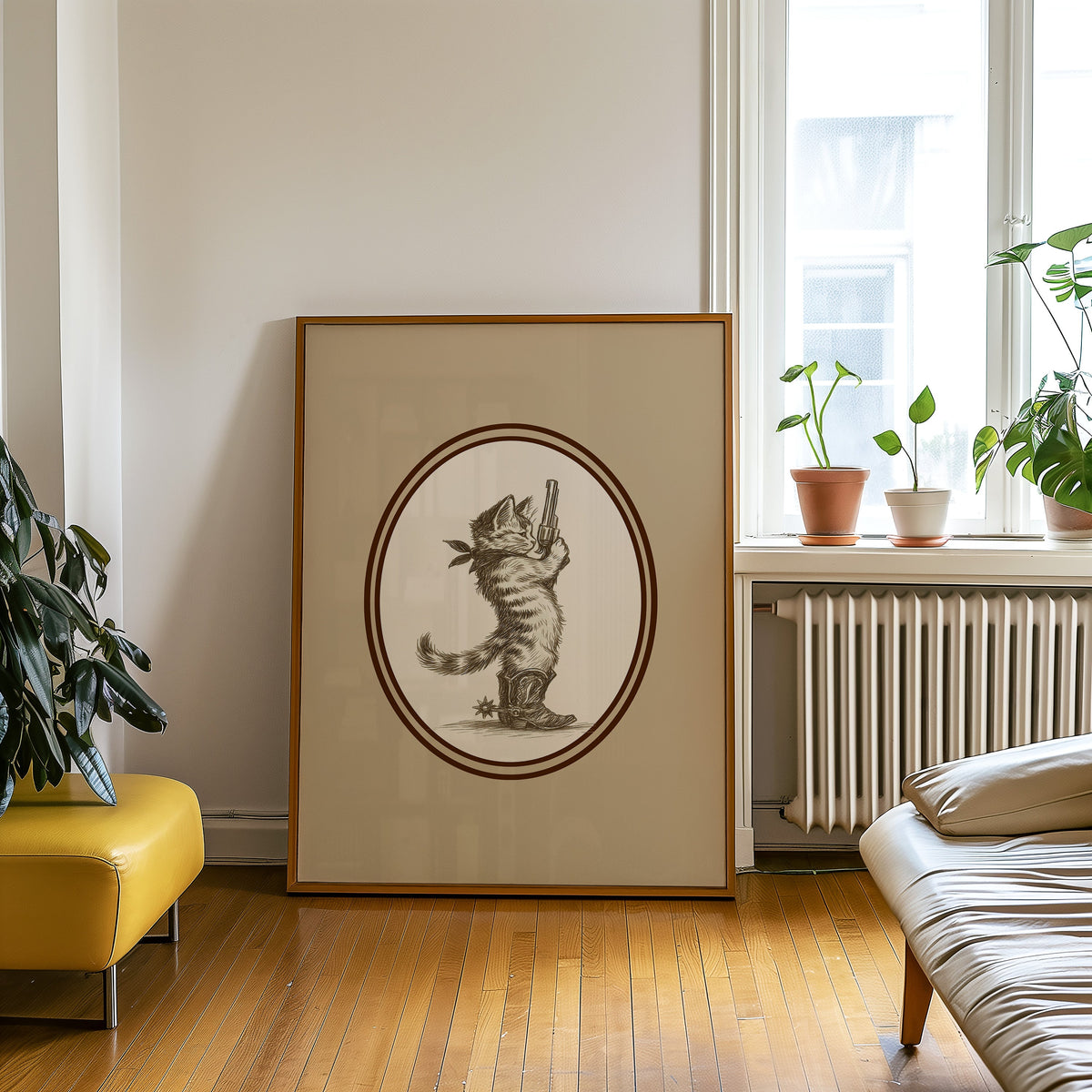 Cowboy cat print in an oak frame on a parquet floor beside a yellow bench
