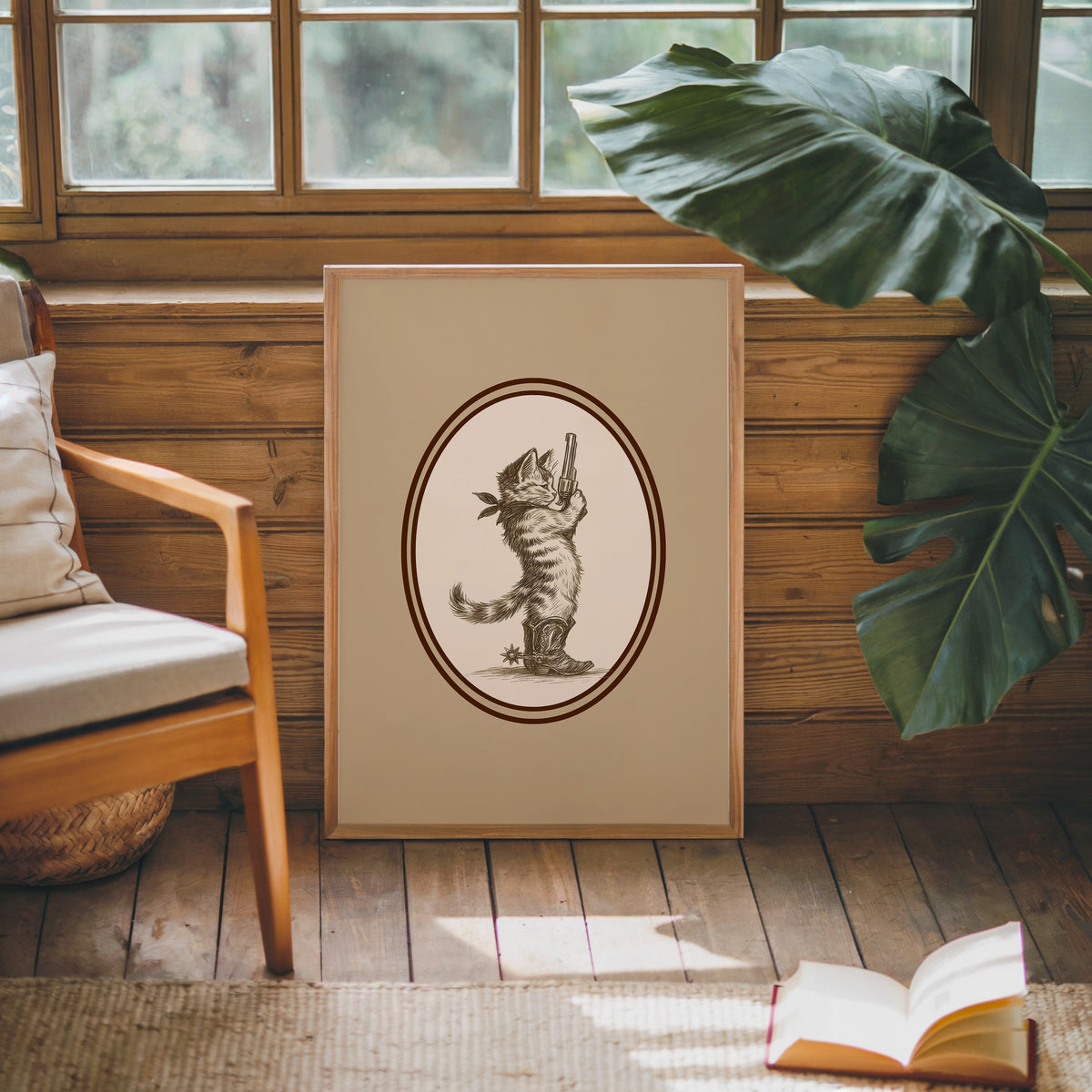Cowboy cat print in an oak frame against a wood panel cabin wall