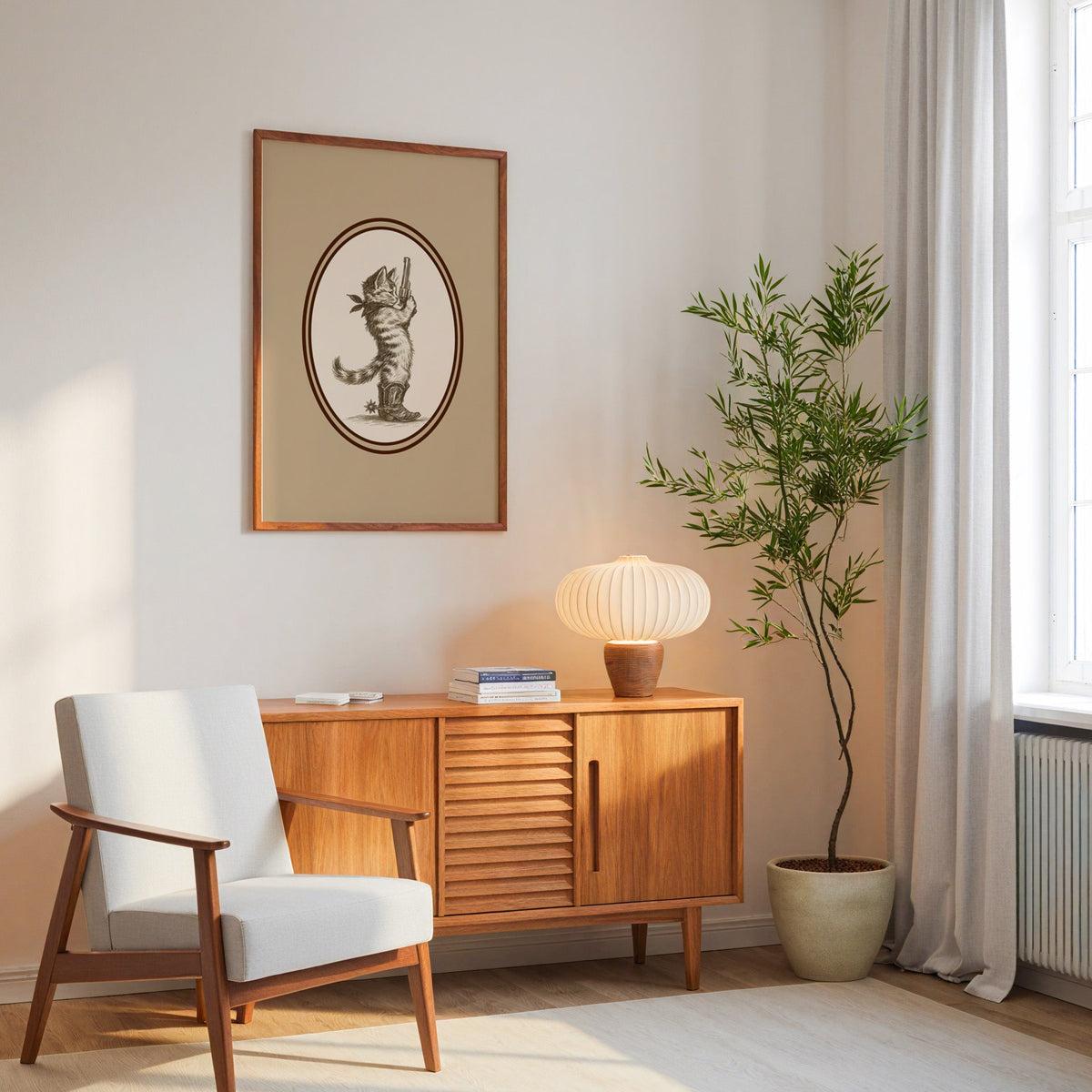 Cowboy cat print in an oak frame above a mid-century sideboard