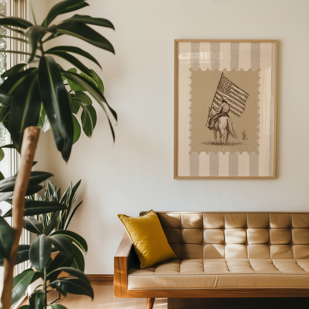Flag rider western stamp print in an oak frame above a tan leather sofa