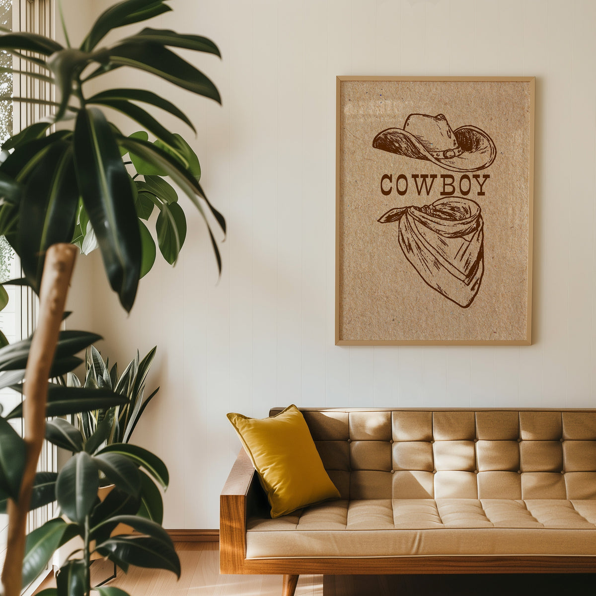 Minimalist cowboy hat kraft print in an oak frame above a tan leather sofa