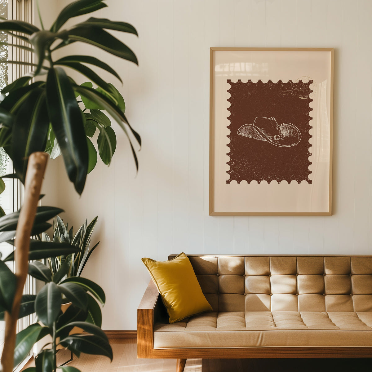 Cowboy hat stamp western print in an oak frame above a tan leather sofa