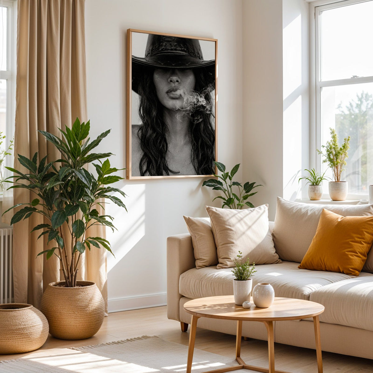 Cowboy hat brim and smoke from lips closeup print in an oak frame above a cream sofa beside woven planters