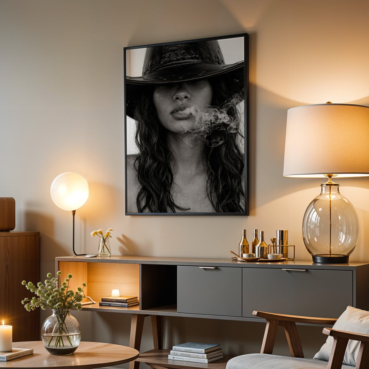 Cowboy hat brim and smoke from lips closeup print in a black frame above a grey media console with a glass table lamp