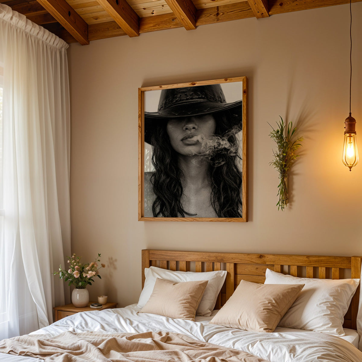 Cowboy hat brim and smoke from lips closeup print in a pine frame above a wood headboard bed under a pendant bulb