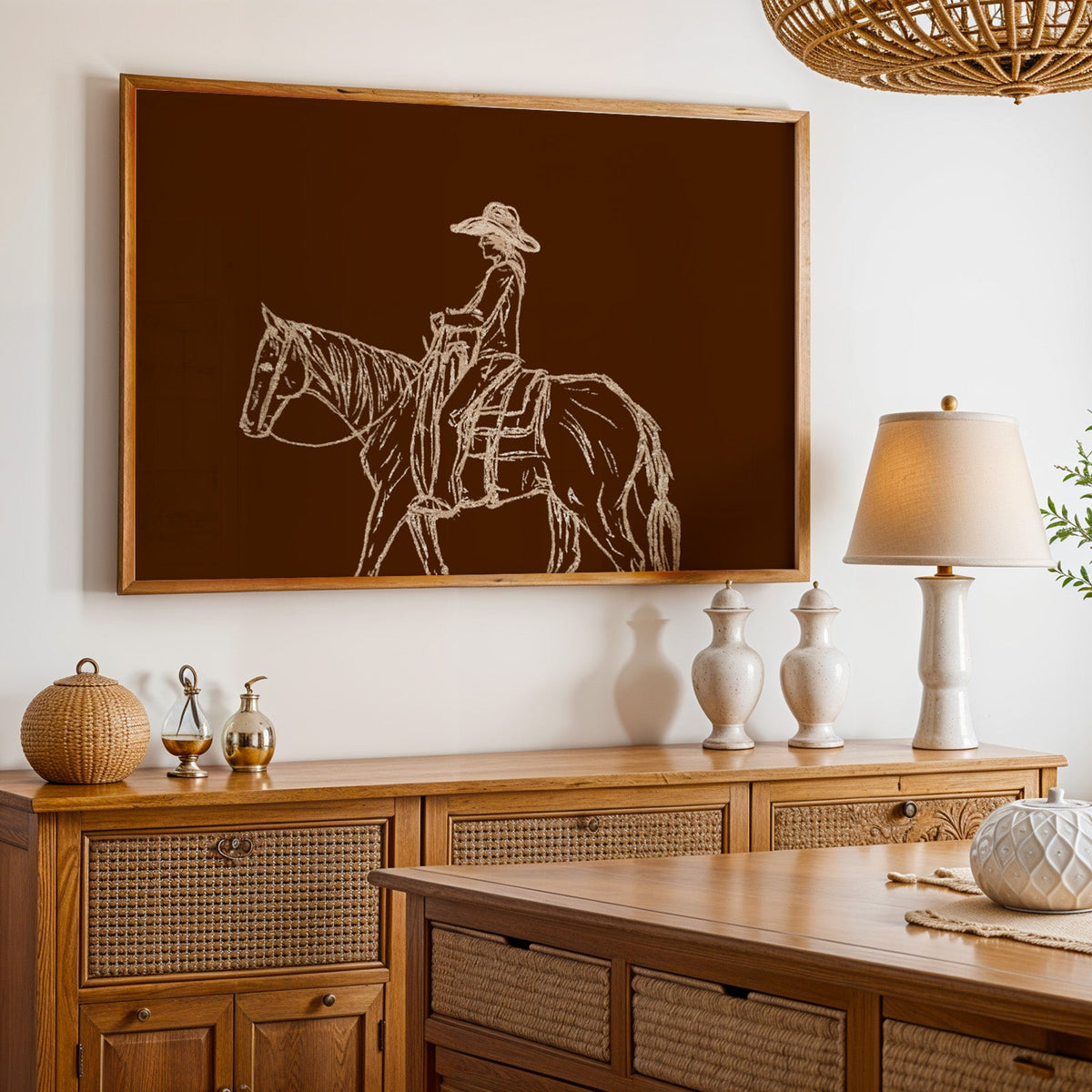 Rider on horseback brown print in an oak frame above a cane sideboard with a table lamp