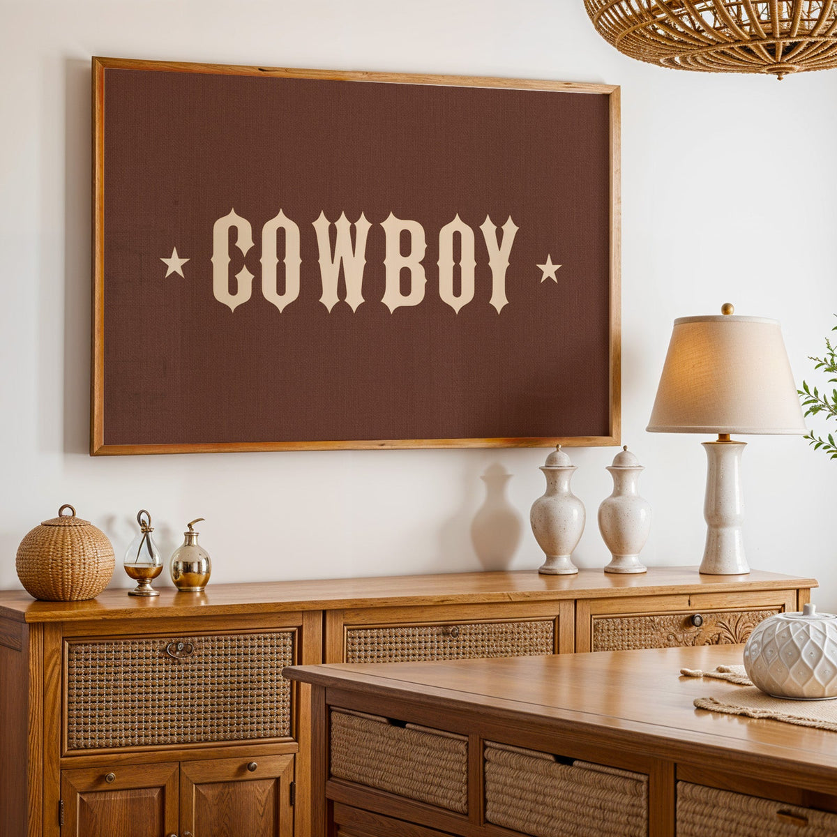 Cowboy slab type brown print in an oak frame above a cane sideboard with a lamp