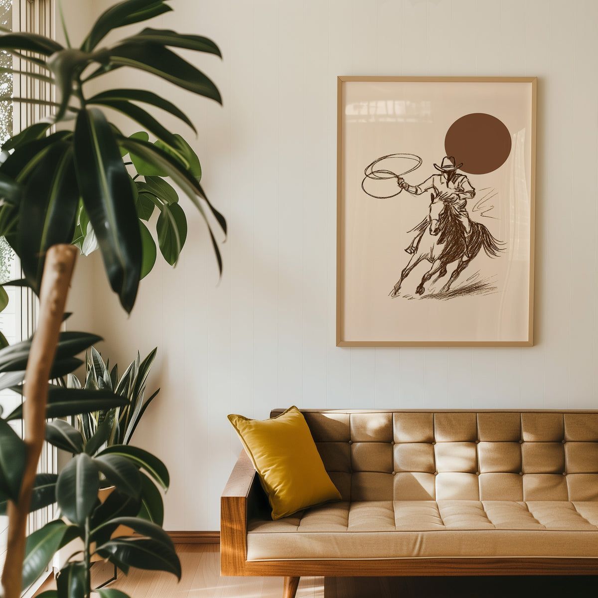 Cowgirl galloping horse rodeo print in an oak frame above a tan leather sofa