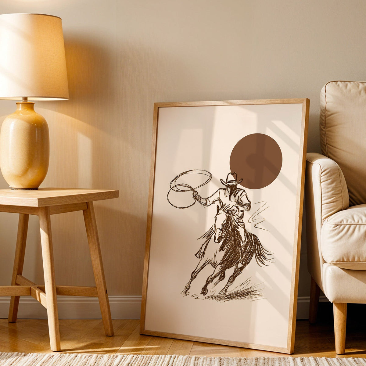 Cowgirl galloping horse print in an oak frame beside an amber ceramic lamp