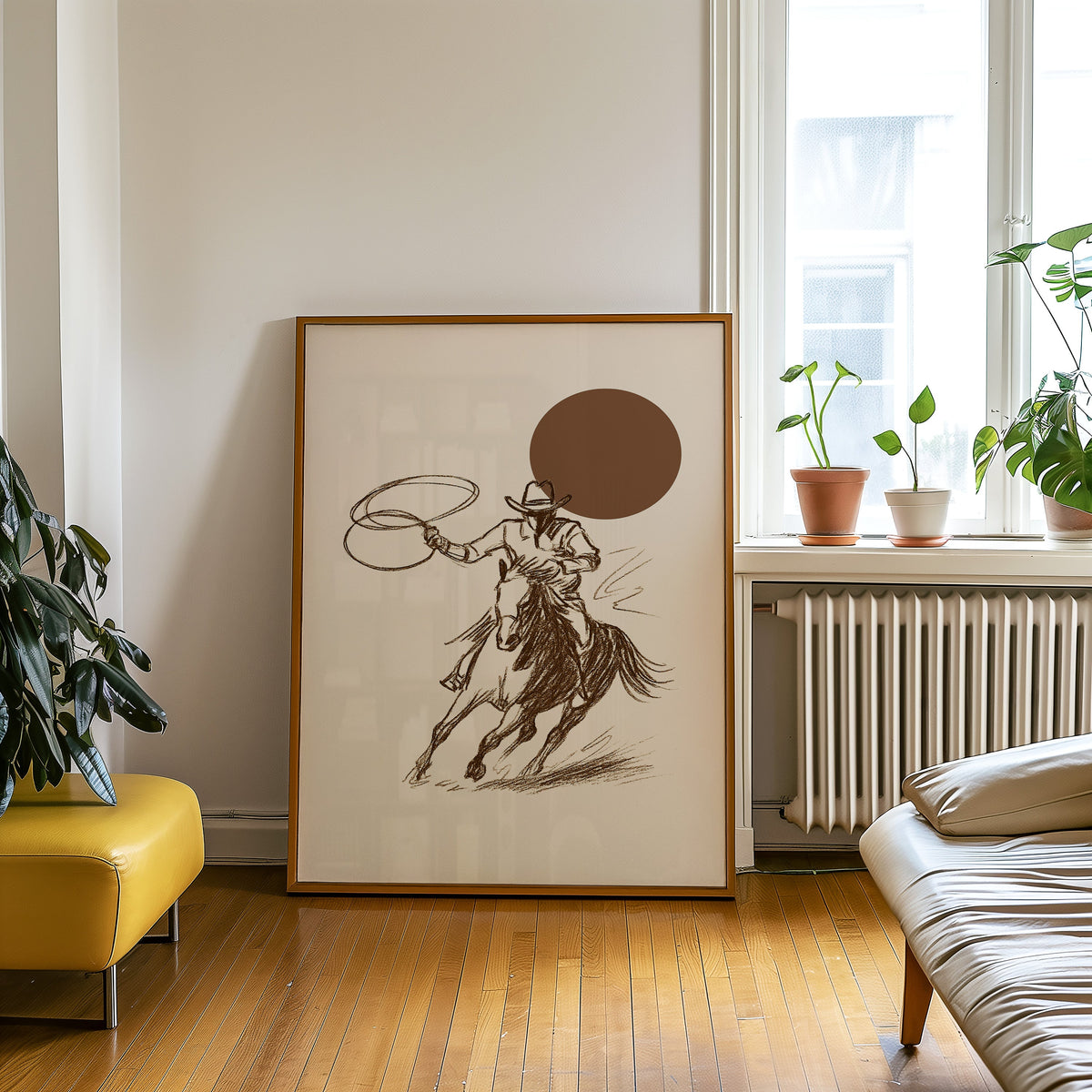 Cowgirl galloping horse print in an oak frame on a parquet floor beside a yellow bench