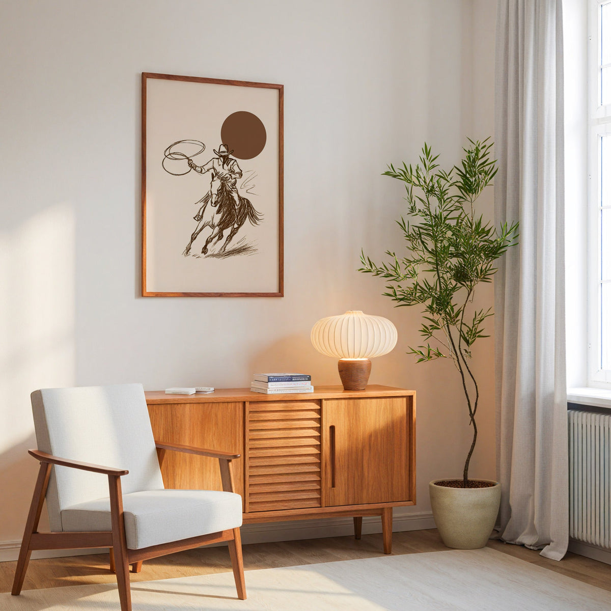 Cowgirl galloping horse print in an oak frame above a mid-century sideboard