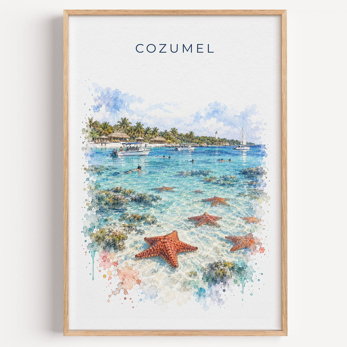 Cozumel watercolor print in a light oak frame on a plain white wall