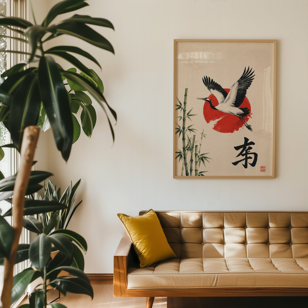 Crane bamboo red sun poster in an oak frame above a tan tufted leather sofa with a mustard cushion