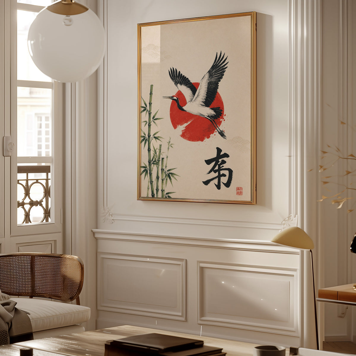 Crane bamboo red sun poster shown in a gold frame on a paneled wall in a Parisian-style living room