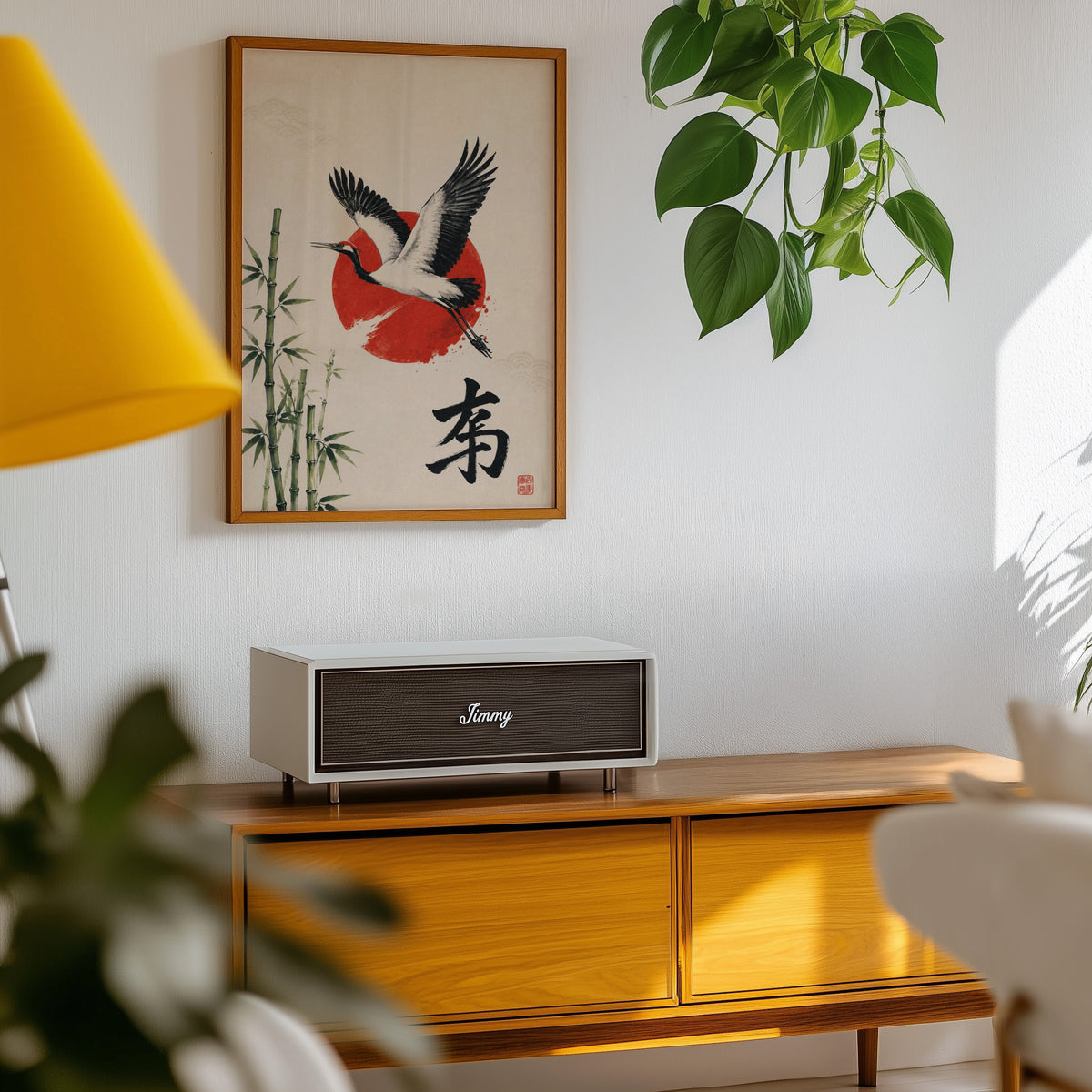 Crane bamboo red sun poster in an oak frame above a teak mid-century sideboard with trailing pothos