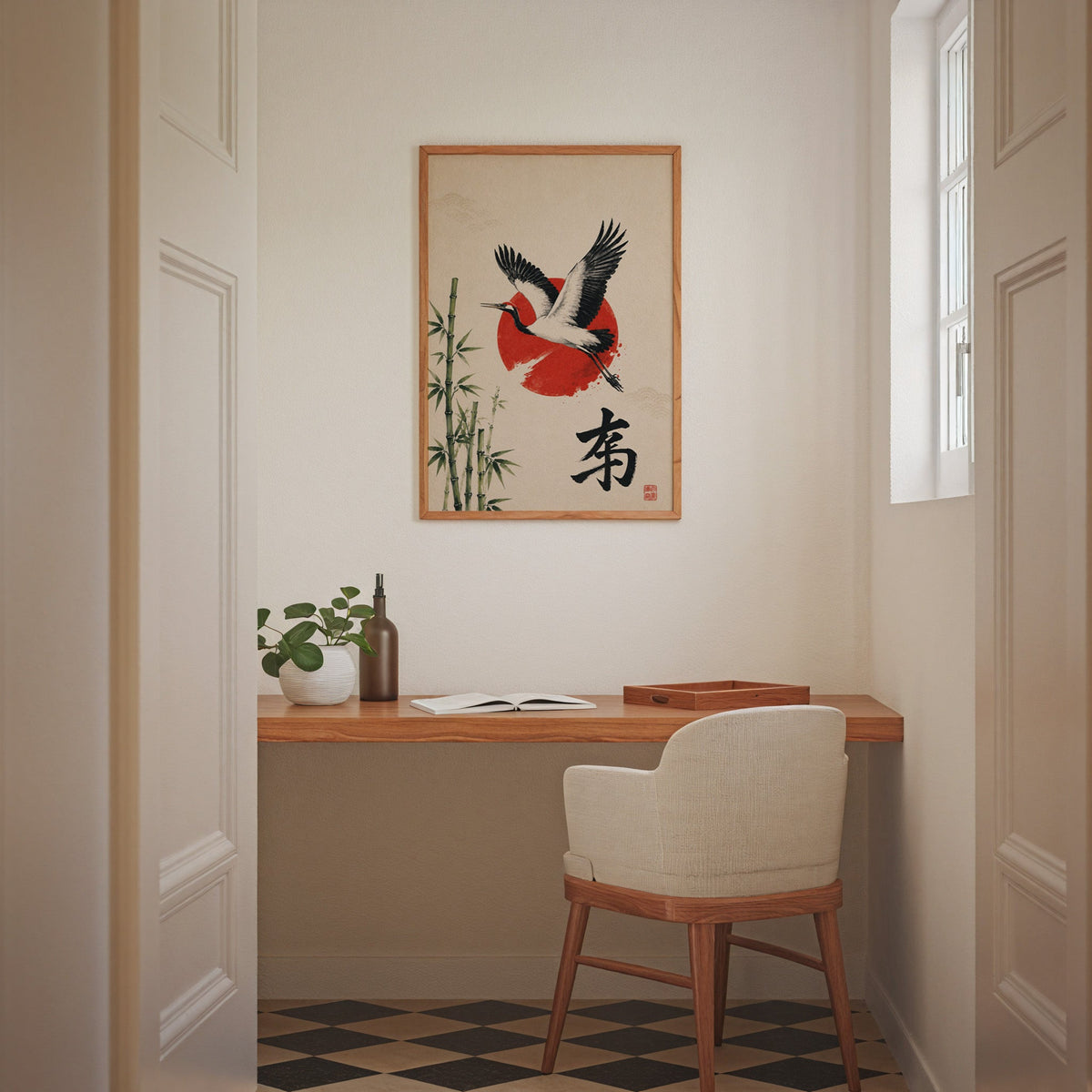 Crane bamboo red sun poster in an oak frame above a wall-mounted desk in a home office nook