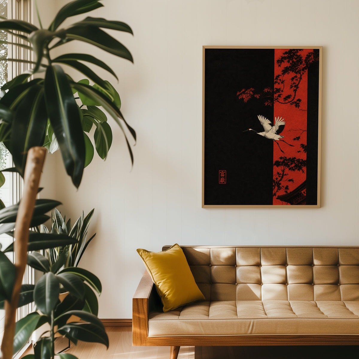 white crane and red maple print in an oak frame above a tan tufted leather sofa with a mustard cushion