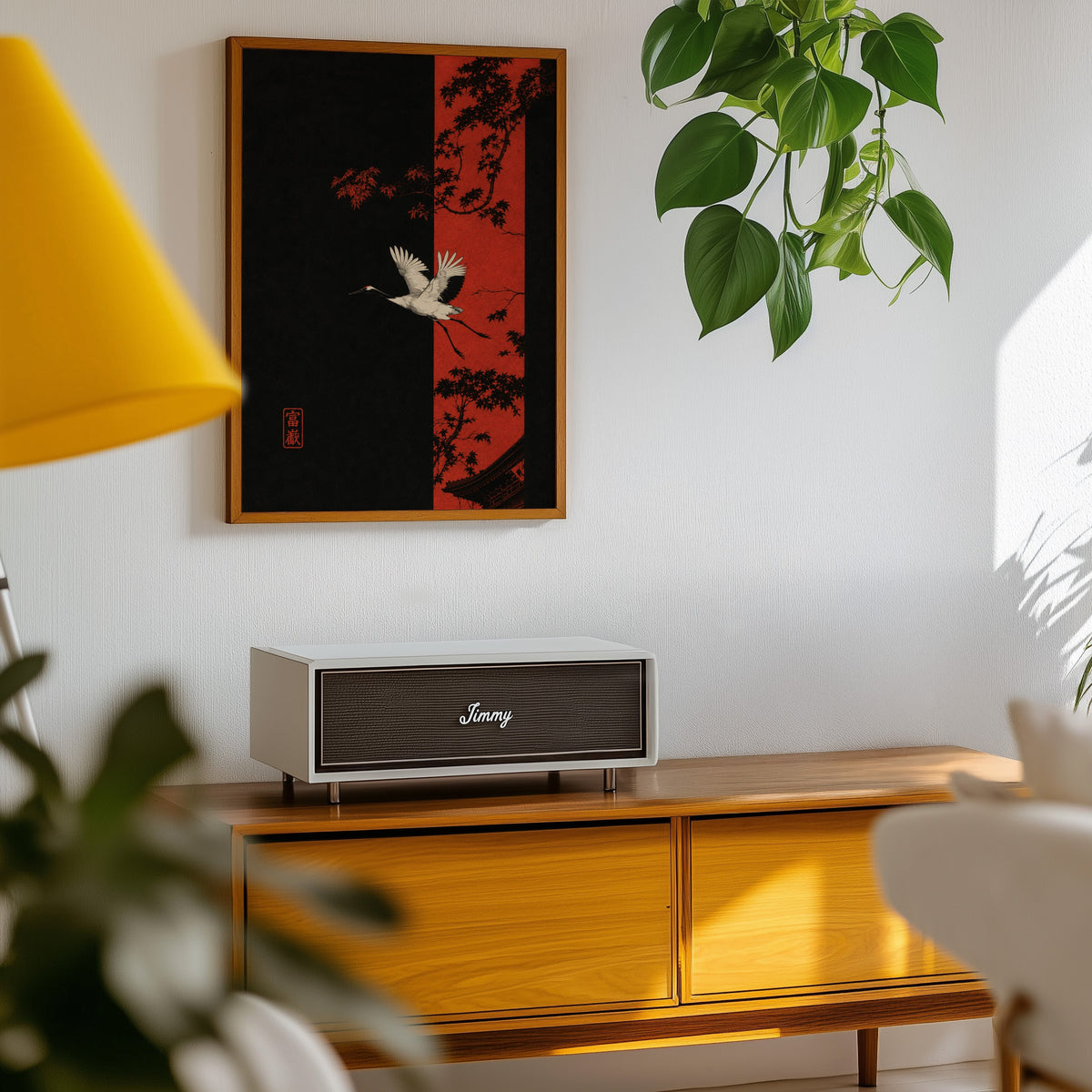 white crane and red maple print in an oak frame above a teak mid-century sideboard with trailing pothos