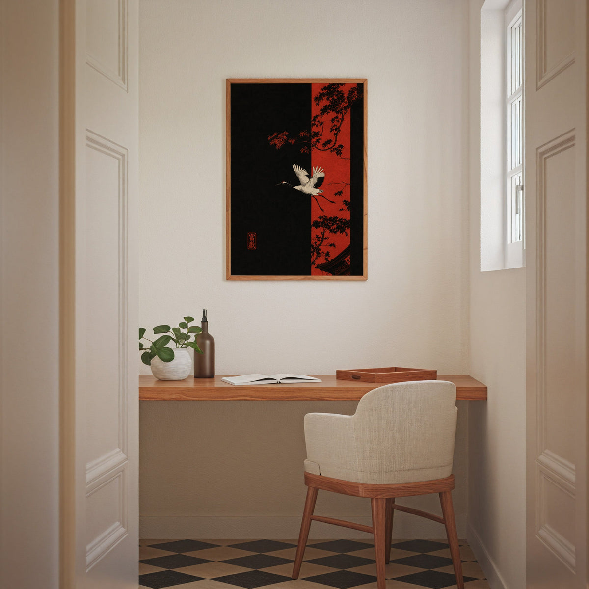 white crane and red maple print in an oak frame above a wall-mounted desk in a home office nook